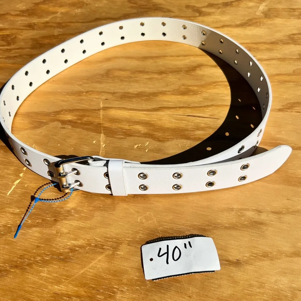 White Genuine Leather Double Grommet Belt Silver Double Prong Buckle Large 40-44